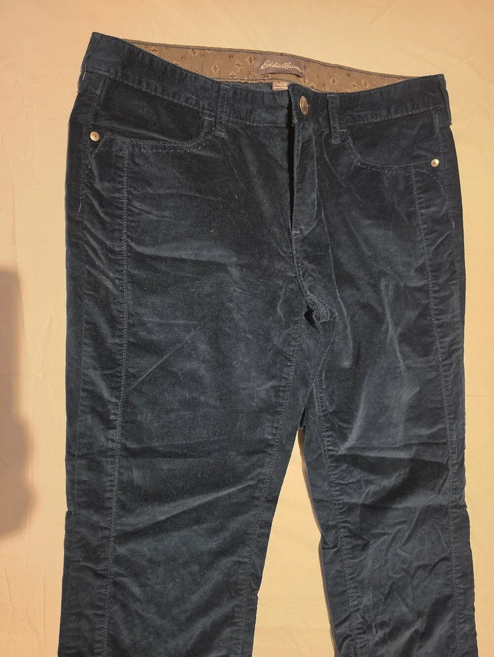 Eddie Bauer Velvet Corduroy Style Straight Pants Sz 12 Blue Raw Leg Hem Stretch